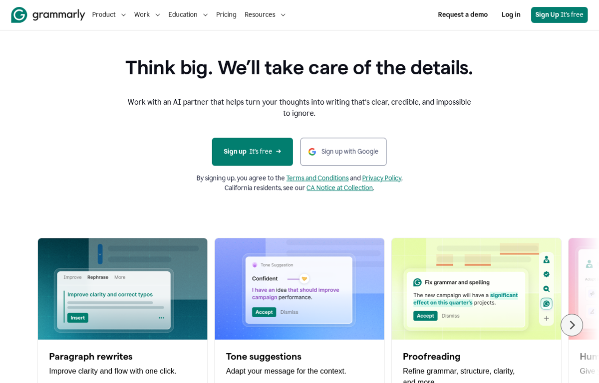 The Grammarly website showing its AI writing partner