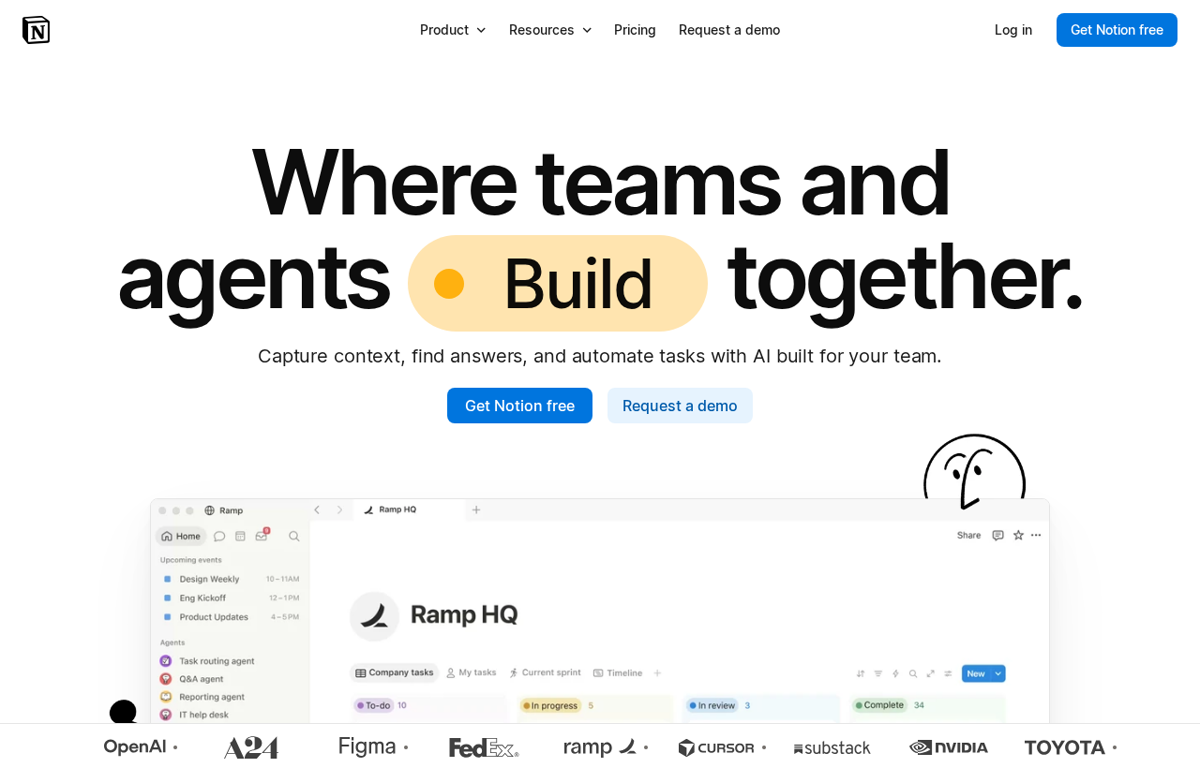 The Notion website showing its AI workspace for teams