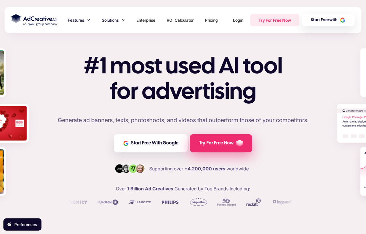 The AdCreative.ai website showing its AI ad creative generator