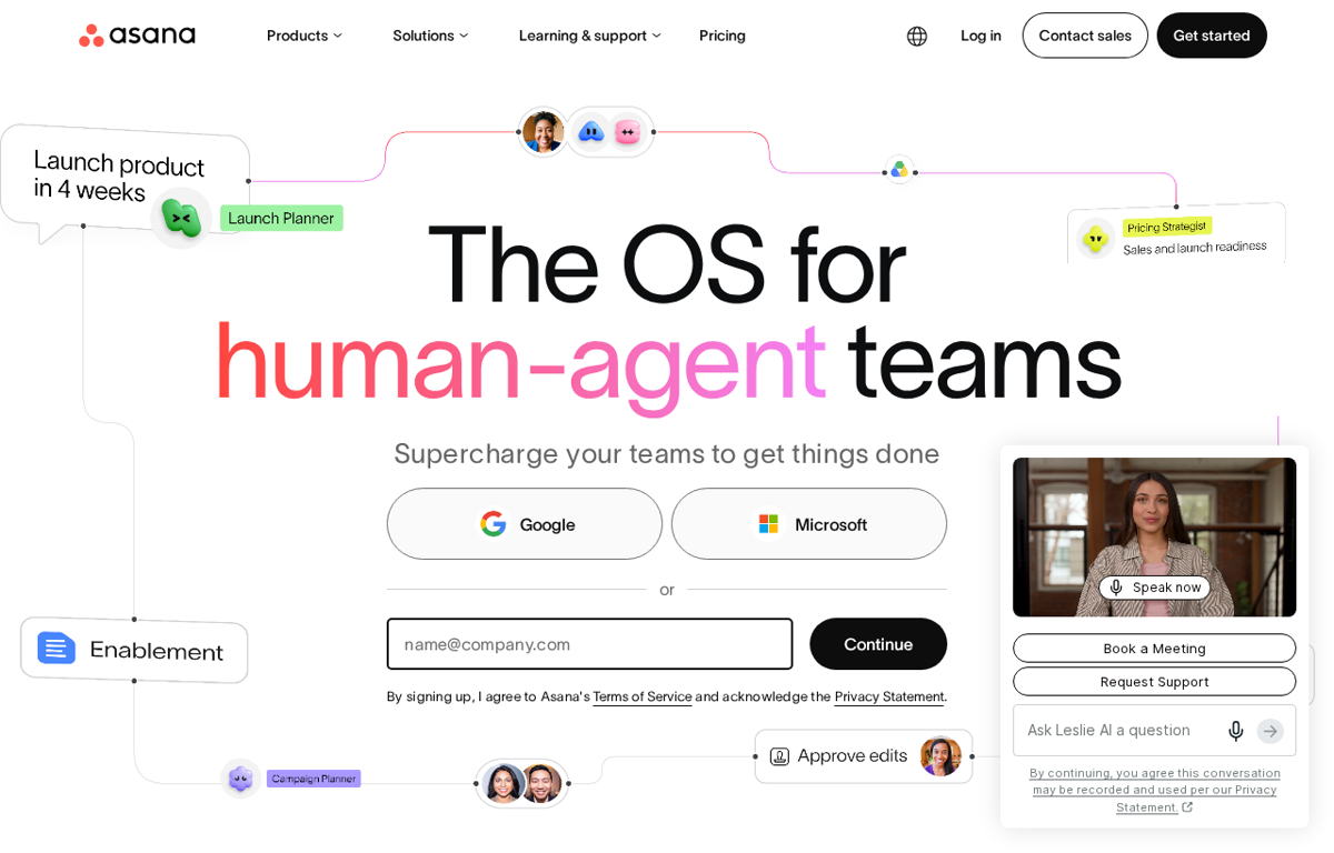 The Asana website showing its work management platform for teams
