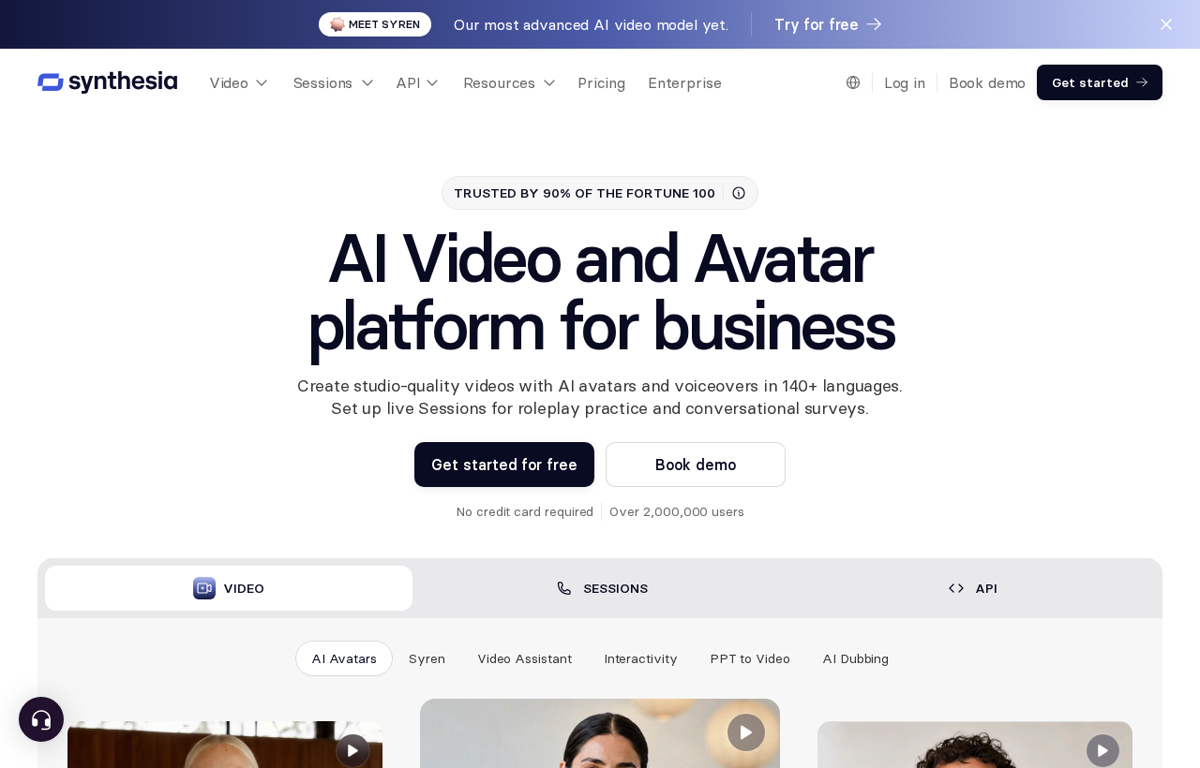 The Synthesia website showing its AI video and avatar platform