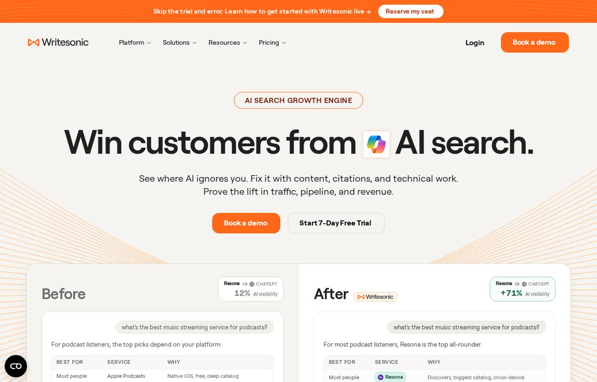 The Writesonic website showing its AI search growth engine