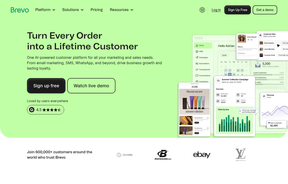 The Brevo website showing its AI marketing and CRM platform