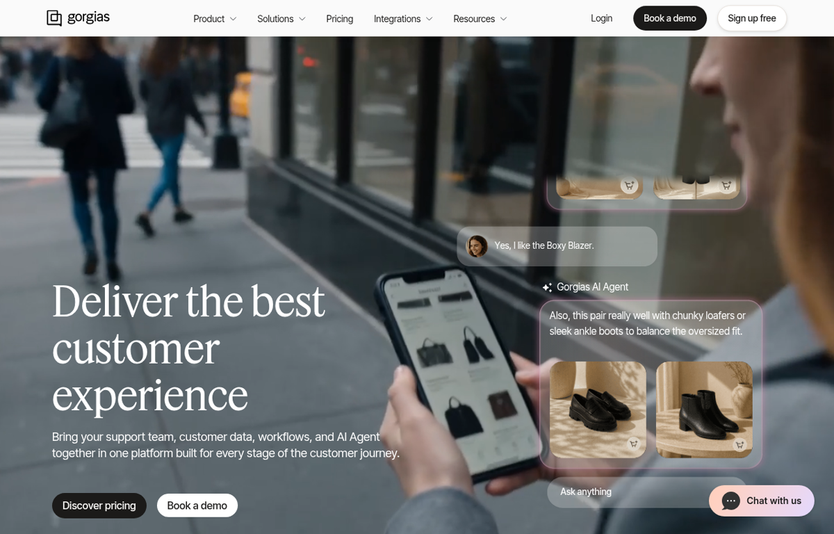 The Gorgias website showing its AI agent and helpdesk
