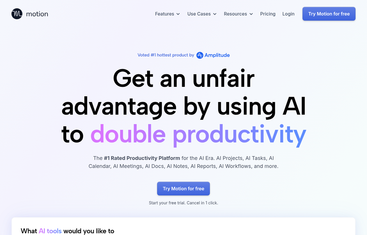 The Motion website showing its AI calendar and task planner