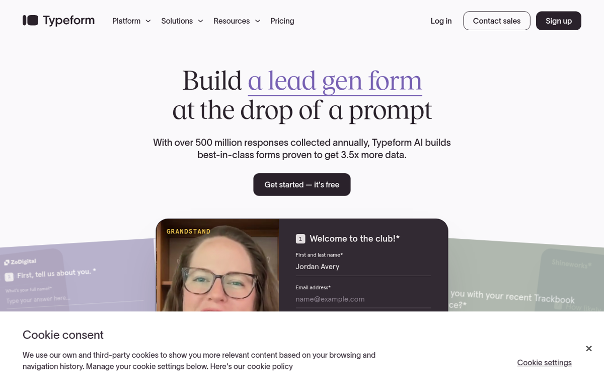 The Typeform website showing its AI form builder