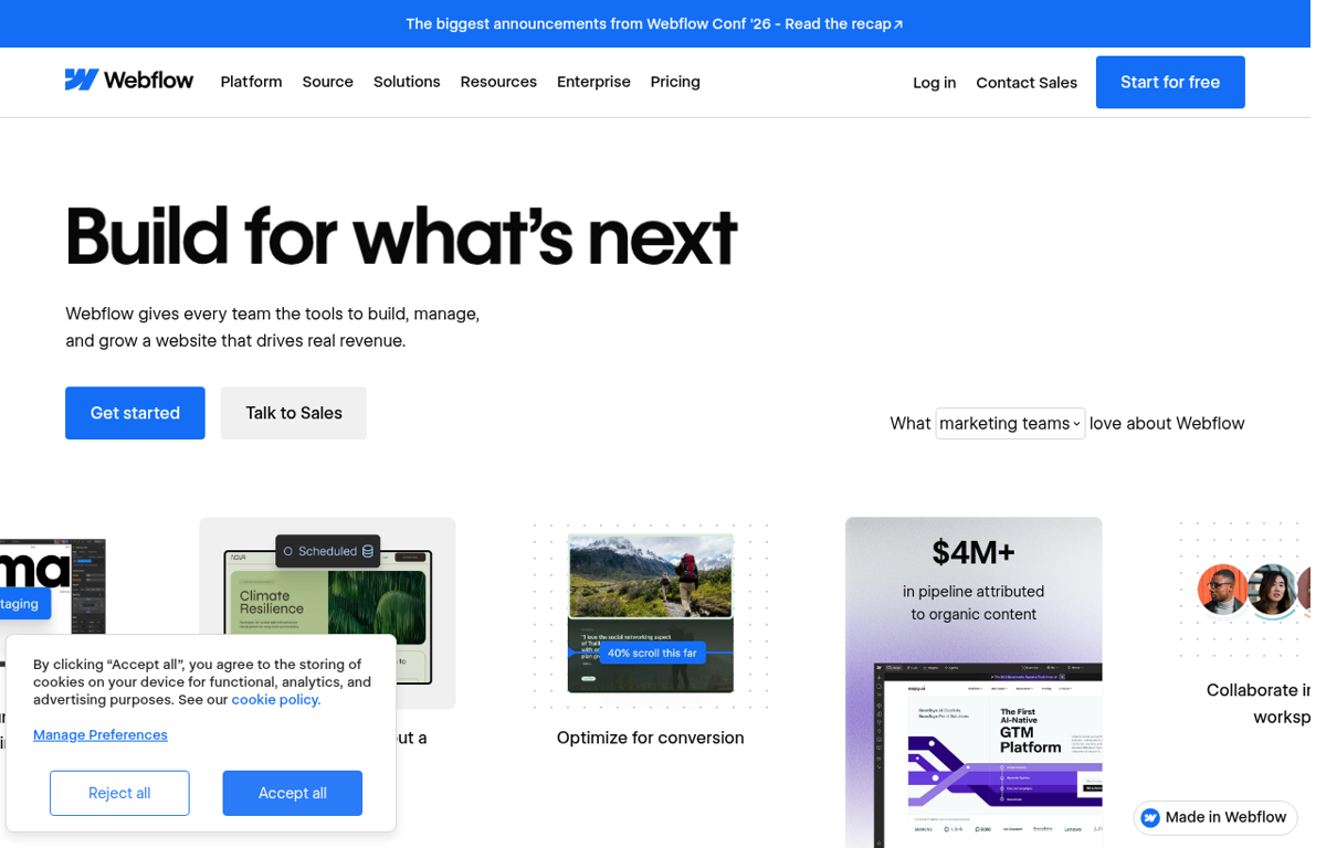 The Webflow website showing its visual website builder