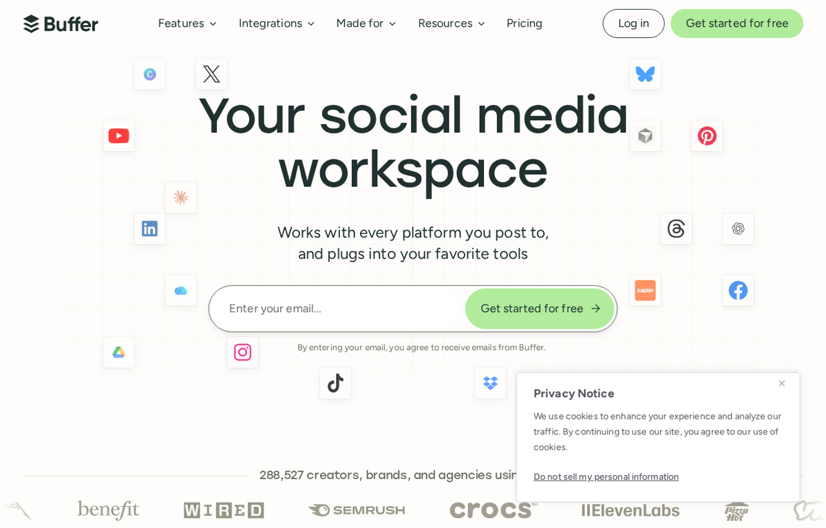 The Buffer website showing its social media scheduling workspace