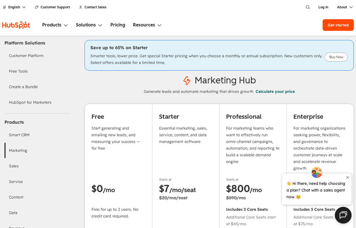 The HubSpot website showing its pricing page