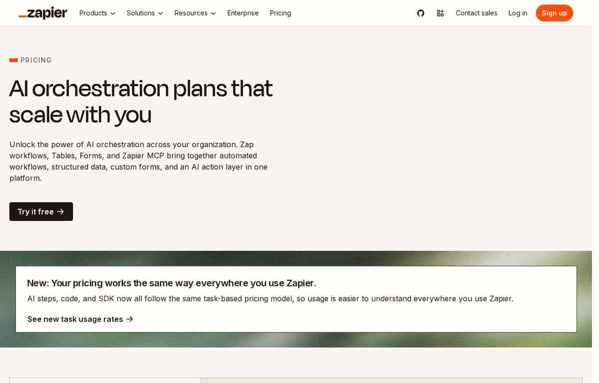 The Zapier website showing its pricing page