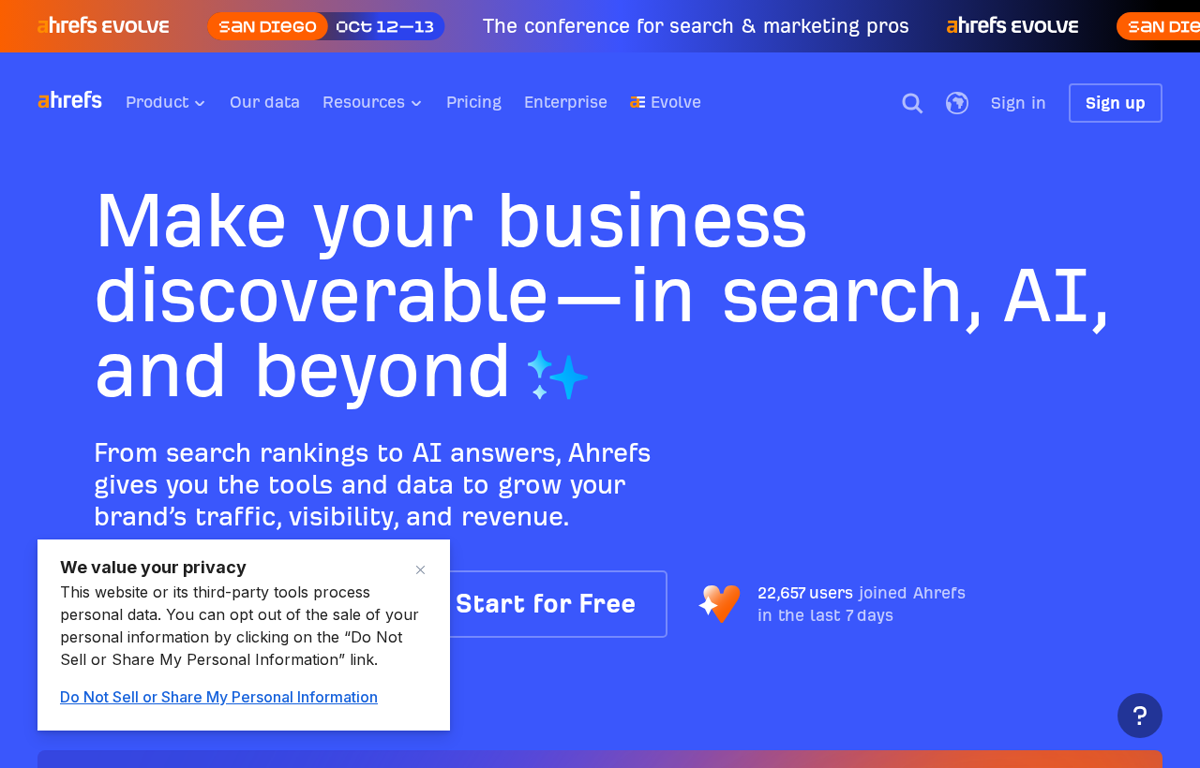 The Ahrefs website showing its SEO and AI search marketing platform