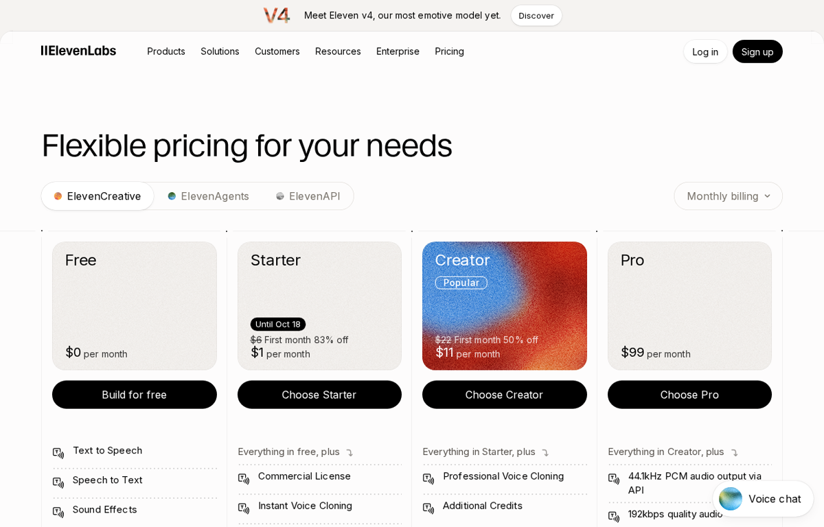 The ElevenLabs website showing its pricing page and plans