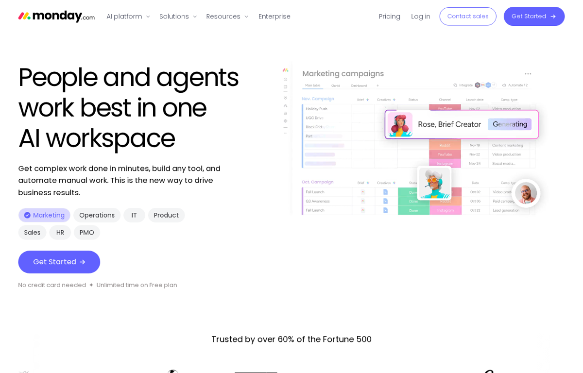 The monday.com website showing its AI work platform and a campaigns board