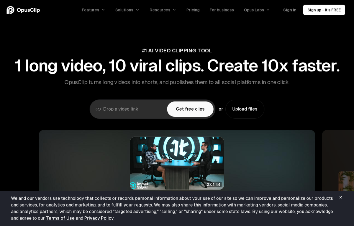 The OpusClip website showing its AI video clipping tool