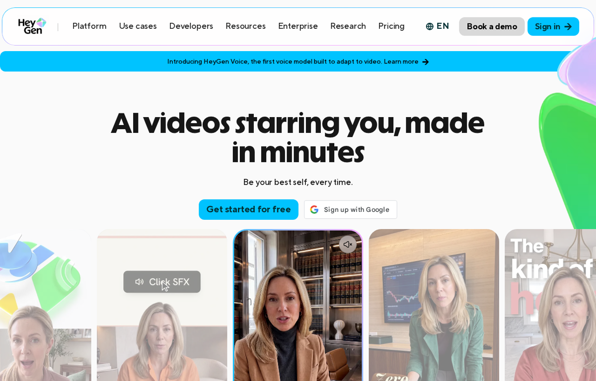 The HeyGen website showing its AI avatar video tool and example videos