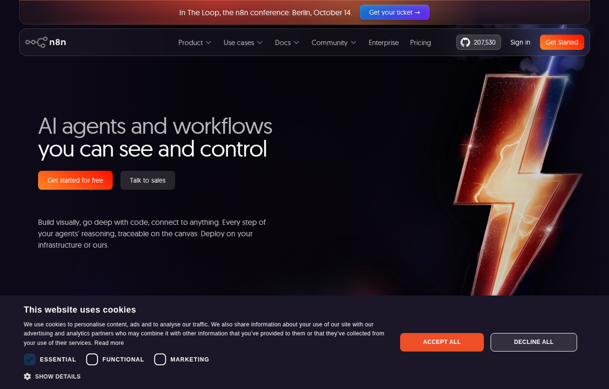 The n8n website showing its visual workflow automation canvas