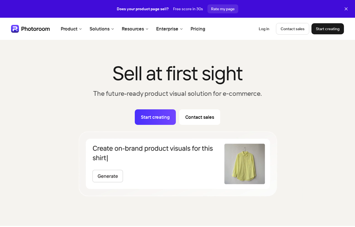 The Photoroom website showing its AI product visual tool