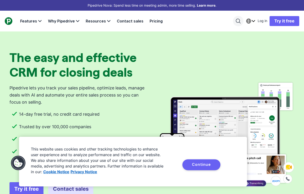 The Pipedrive homepage showing its sales CRM pipeline and AI deal tools