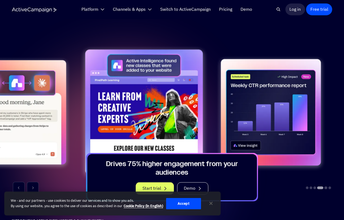 The ActiveCampaign homepage showing its marketing automation platform