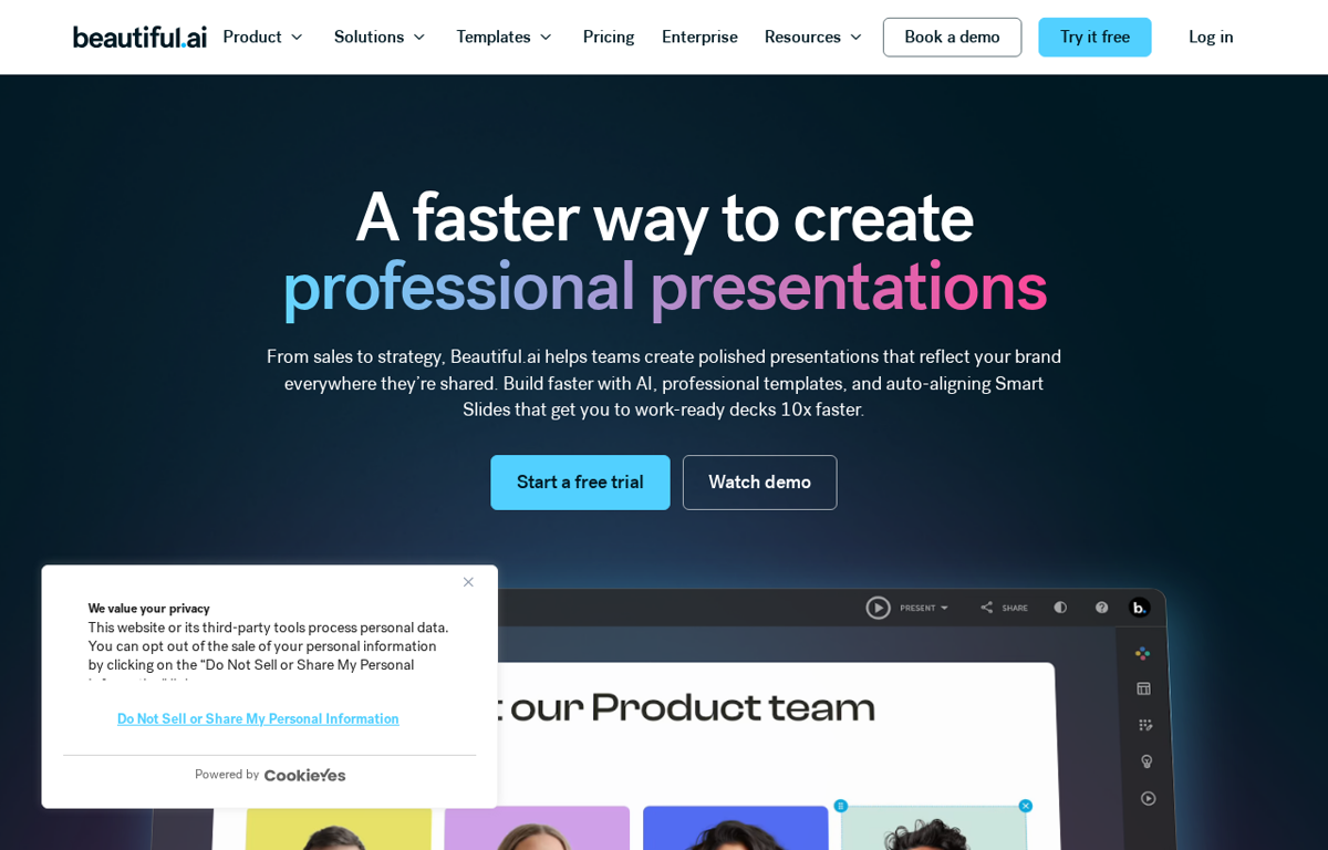 The Beautiful.ai homepage showing its AI presentation builder