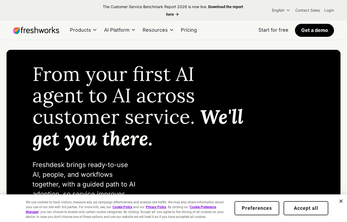 The Freshdesk page showing its customer service software and AI features