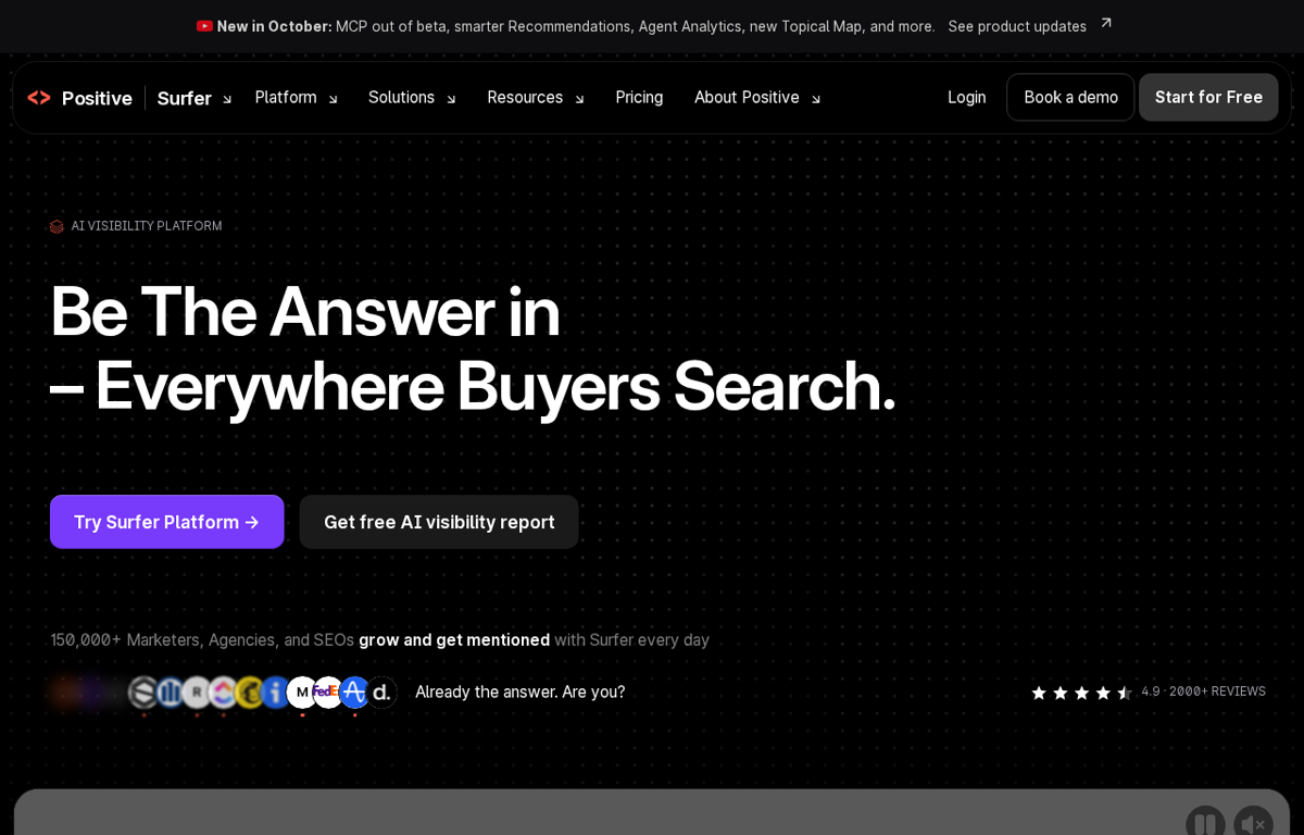 The Surfer homepage showing its AI visibility platform and content tools