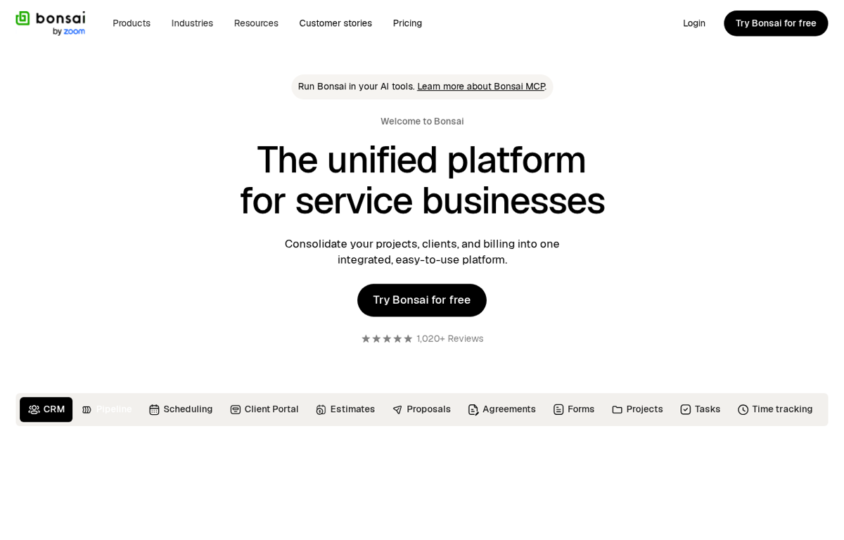 The Bonsai homepage showing its platform for service businesses