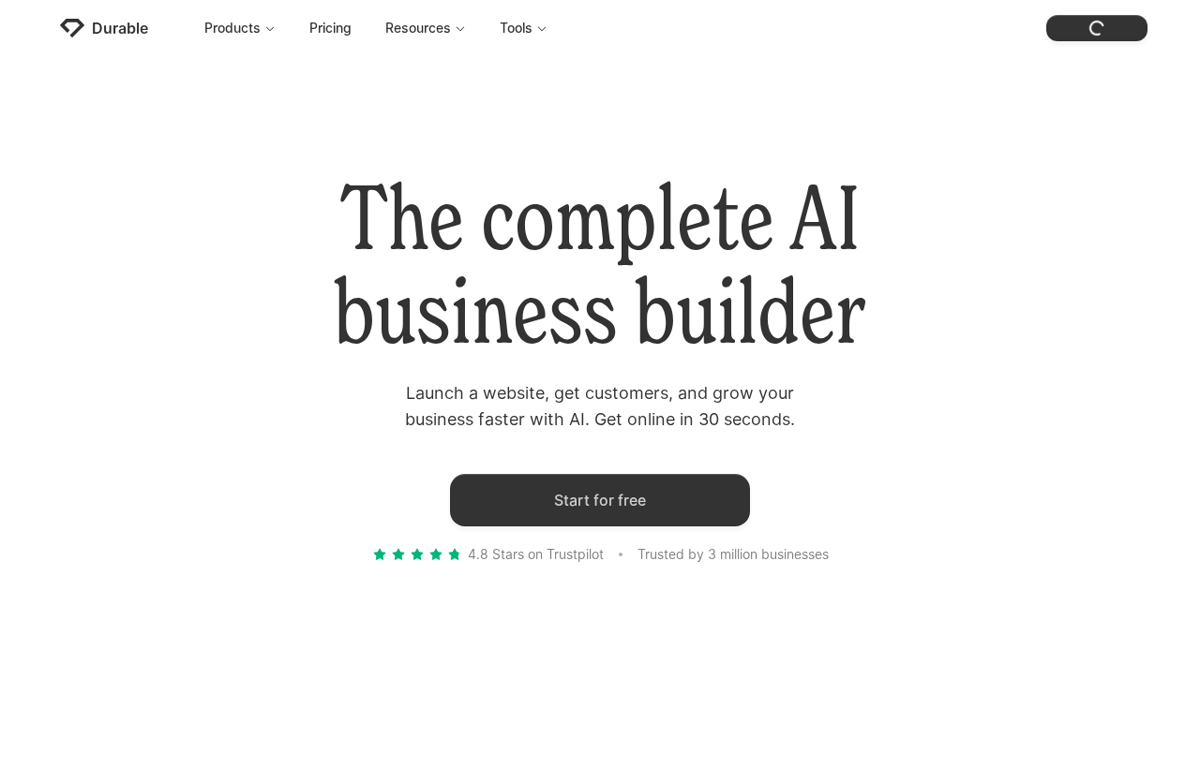 The Durable homepage showing its AI business builder