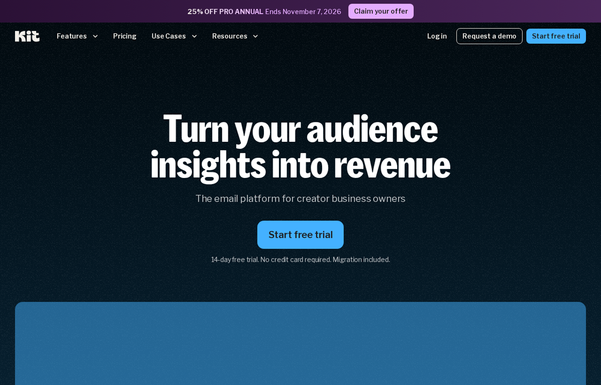 The Kit homepage showing its email platform for creator businesses