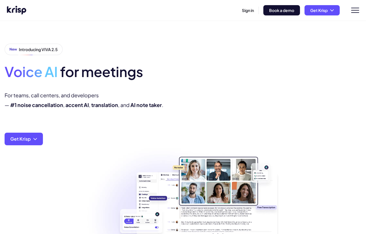 The Krisp homepage showing its voice AI for meetings and an AI note taker