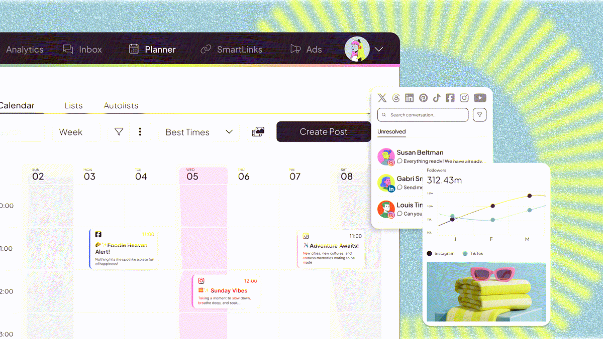 Metricool's own preview image showing its planner and inbox dashboard