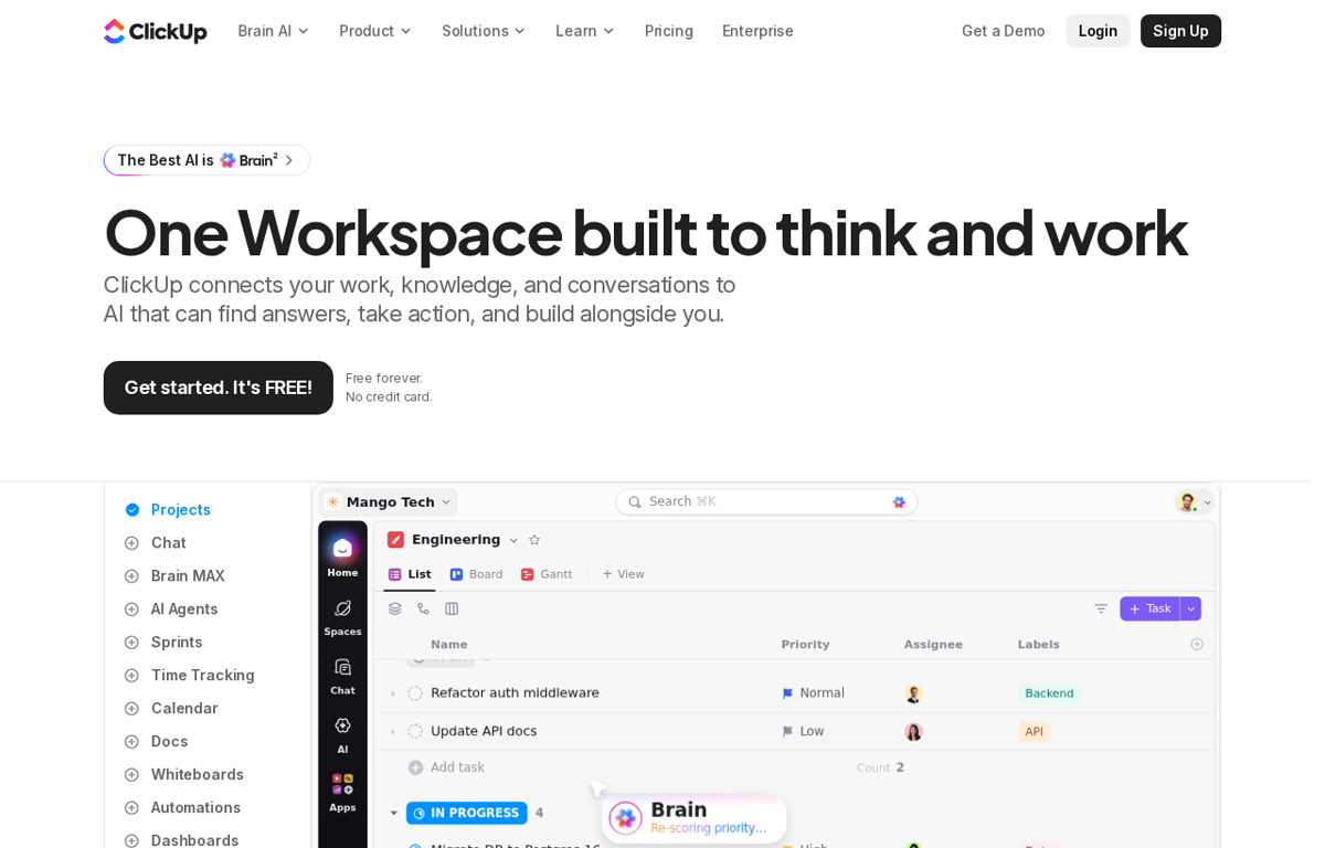 The ClickUp homepage showing its workspace for projects and AI