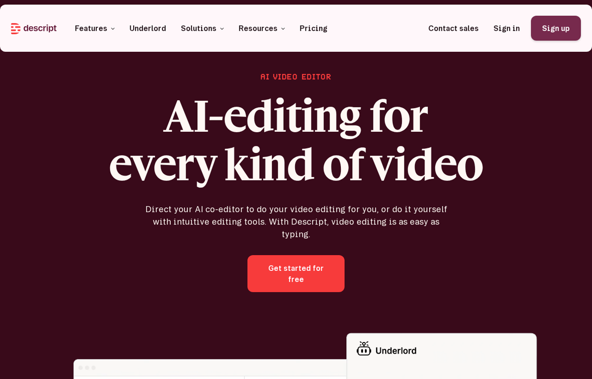 The Descript homepage showing its AI video editor