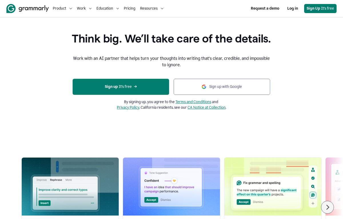 The Grammarly homepage showing its AI writing partner