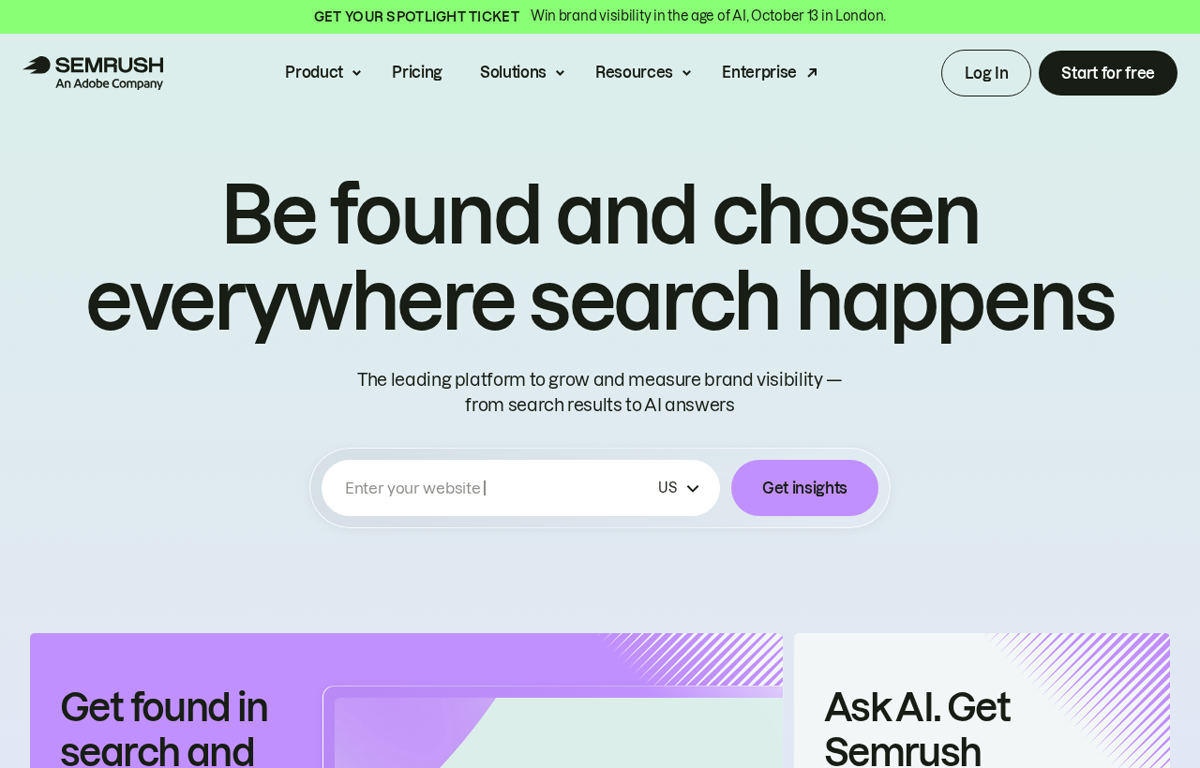 The Semrush homepage showing its brand visibility platform